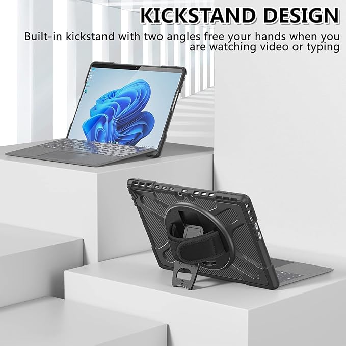 Junfire Surface Pro 9/Surface Pro 10/Surface Pro11 Case with Keyboard - Rugged Shockproof Case with Stand and Hand Strap & Keyboard Combo-Black