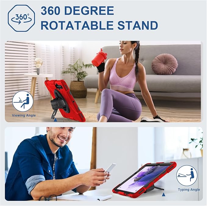 SUPFIVES Case for Samsung Galaxy Tab S7 FE 12.4 Inch 2021 : [Upgraded Military Grade] Full-Body Rugged Protective Soft Silicone Cover - Kick Stand- Handle/Shoulder Strap- S Pen Holder- Red