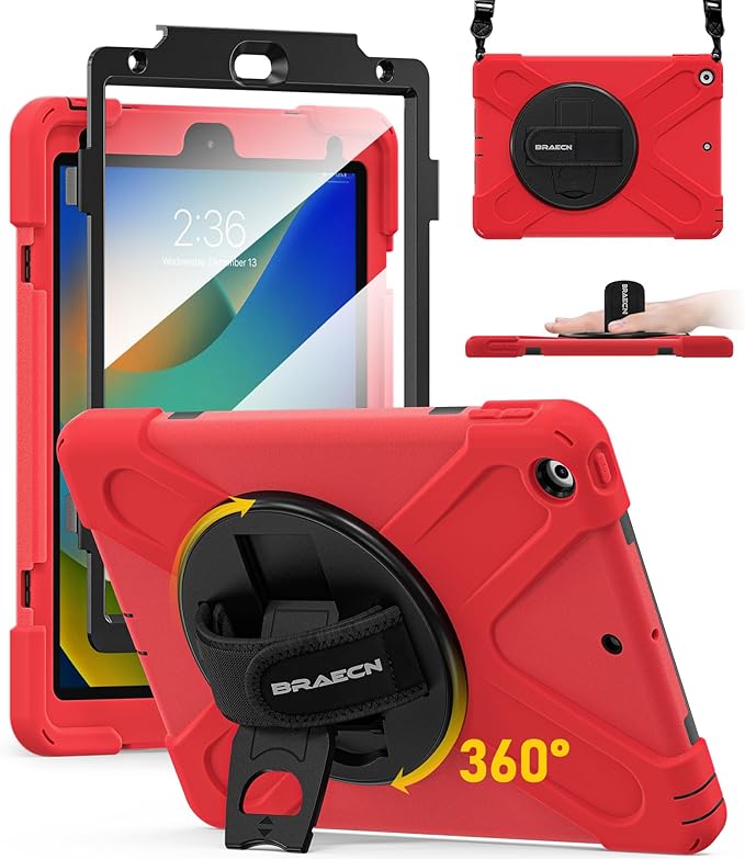 BRAECN for iPad 9th Generation Case, iPad 10.2 Case with Built in Screen Protector, Hand Strap, Swiveling Stand, Shoulder Straps, Heavy Duty Rugged Case for iPad 8th/7th Gen 10.2 Inch-Red