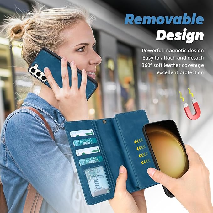 TwoHead for Samsung Galaxy S23 Plus Wallet Case with Card Holder,Detachable Magnetic Phone Case for Galaxy S23 Plus,PU Leather All-Round Protective Phone Cover Wallet with Strap(6.6 in,Navy Blue)
