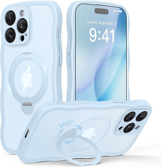 GolbinBox for iPhone 15 Pro Max Case,[Compatible with Magsafe][360°Magnetic Stand][Cute Wave Edge][18ft Military-Grade Protection] Translucent Matte Women Phone Cover for iPhone 15 Promax, Baby Blue
