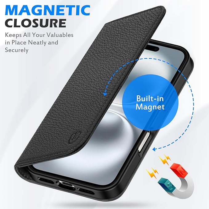 SHIELDON Case for iPhone 16 6.1" 2024, Genuine Leather Wallet Magnetic Cover RFID Blocking Card Slot Kickstand Shock-Absorbent TPU Phone Holder Case Compatible with iPhone 16 5G - Pebbled Black