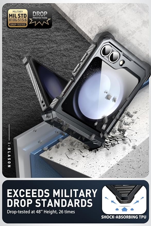 i-Blason for Samsung Galaxy Z Flip 7 FE Case, Z Flip6 Case with Stand, [Built-in Screen Protector] [Hinge Protection] [Belt-Clip], Military Phone Case for Samsung Z Flip 7 FE/6/5, Armorbox, Black