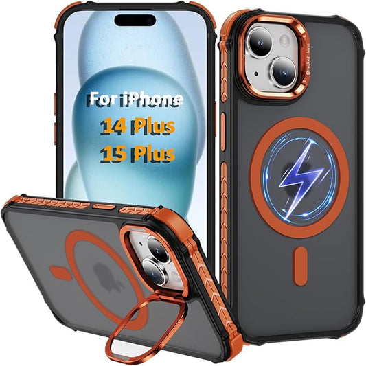 Magnetic for iPhone 15 Plus Case/iPhone 14 Plus Case Orange with MagSafe Wireless Charging Military-Grade Shockproof Protection Adjustable Kickstand Slim Matte Anti-Fingerprint Cover Men Women