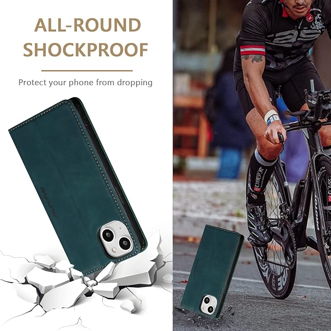 QLTYPRI Case for iPhone 14, Vintage PU Leather Wallet Case Card Slot Kickstand Magnetic Closure Shockproof Flip Folio Book Case Cover for iPhone 14(6.1 inch) - Retro Dark Green