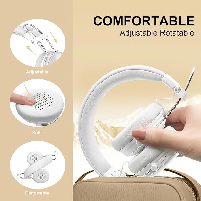 Active Noise Cancellation Wireless Bluetooth On-Ear Headphones:with - Hi Res Sound Up to 55H Battery Life, Lightweight, Comfortable, Foldable Design, for Home Office Travel White