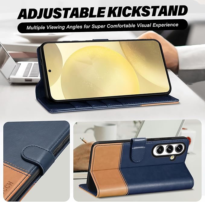 TUCCH Case Wallet for Galaxy S25 Plus, PU Leather Magnetic Kickstand [RFID Blocking] Card Slot Folio Flip Cover with [TPU Shockproof Interior Case] Compatible with Galaxy S25 Plus 6.7", Blue & Brown