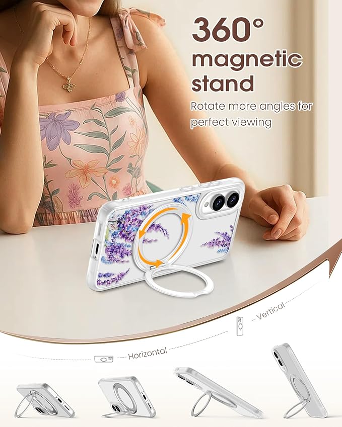 for Samsung Galaxy S25 Edge Case with 360° Rotatable Magnetic Ring - Compatible with MagSafe, Semi-Transparent Soft-Touch Material Shockproof, Cute Purple Floral Design for Women Girl