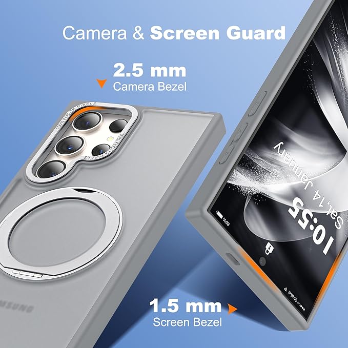 Compatible with Samsung Galaxy S24 Ultra Case with 360Rotatable Magnetic Ring Stand Compatible with Mag-Safe Military Protection Matte Translucent Phone Cases for S24 Ultra 6.8",Gray