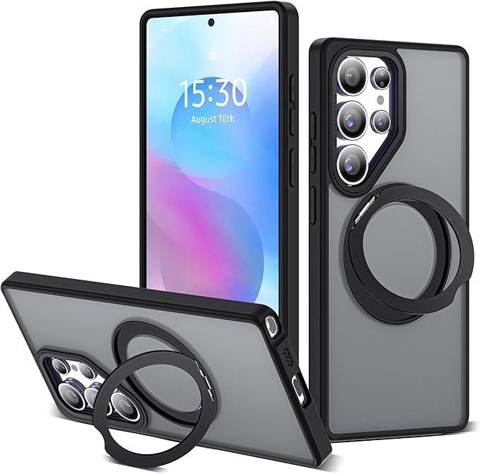 for Samsung Galaxy S25 Ultra Case with 360°Rotatable Magnetic Ring Stand Compatible with Mag-Safe Military Protection Shockproof Matte Translucent Phone Cases for S25 Ultra 6.9",Black