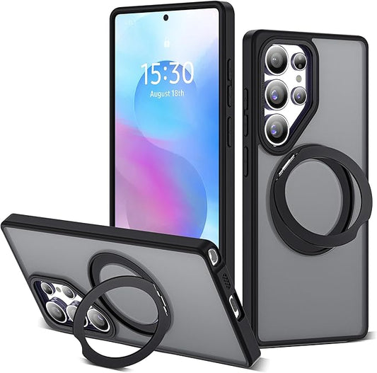 for Samsung Galaxy S25 Ultra Case with 360°Rotatable Magnetic Ring Stand Compatible with Mag-Safe Military Protection Shockproof Matte Translucent Phone Cases for S25 Ultra 6.9",Black