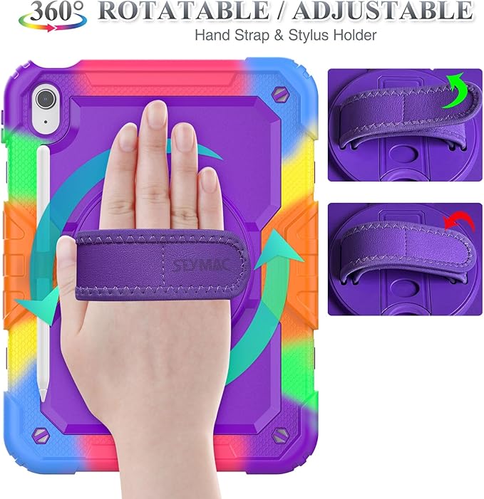 SEYMAC stock Case for iPad (A16) 11th/10th Generation 11''/10.9'' 2025/2022, Full-Body Drop Protection Case with Screen Protector &360° Rotate Hand Strap/Stand, Purple+Colorful
