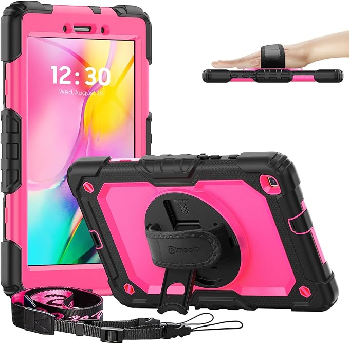Timecity Case Compatible with Galaxy Tab A 8.0" 2019 SM-T290/T295/T297, with Built-in Screen Protector&360 Degree Swivel Stand&Hand Strap&Shoulder Strap Protective Case for Tab A 8.0 2019-Rose