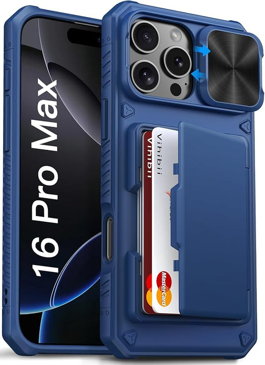 Vihibii for iPhone 16 Pro Max Wallet Case with Card Holder (4 Cards) [RFID Blocking] & Slide Camera Cover & Raised Edges Protect Screen, Shockproof Rugged Cover for iPhone 16 Pro Max, 6.9", Blue