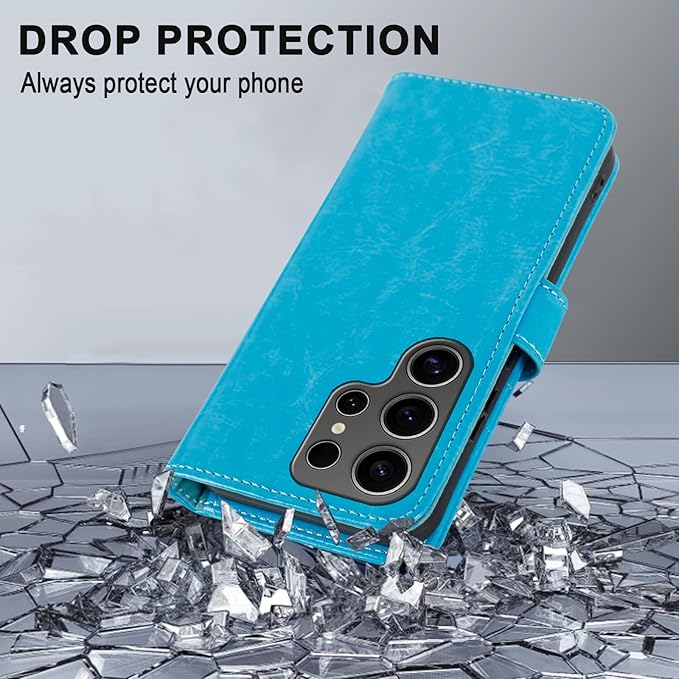 MONASAY Wallet Case Fit for Samsung Galaxy S24 Ultra 5G，[Lens & Glass Screen Protector] [RFID Blocking] Flip Folio Leather Cell Phone Cover with Credit Card Holder, 6.8 inch, Light Blue