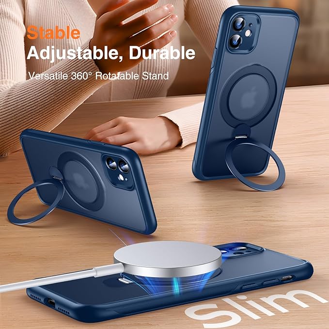 360° O-Ring MagStander for iPhone 11 Case with Magnetic Kickstand Ring Holder [Compatible with MagSafe][360°Rotate Stand Ring][Military Shockproof] Magnet iPhone 11 Phone Cover Matte Blue