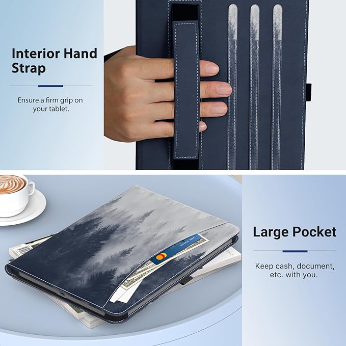 MoKo Case for Samsung Galaxy Tab A9 Plus 11" 2023 (SM-X210/SM-X216/SM-X218), PU Leather Multi-Angle Viewing Folding Stand Cover Case with Hand Strap, Front Pocket, Auto Wake/Sleep, Gray Forest