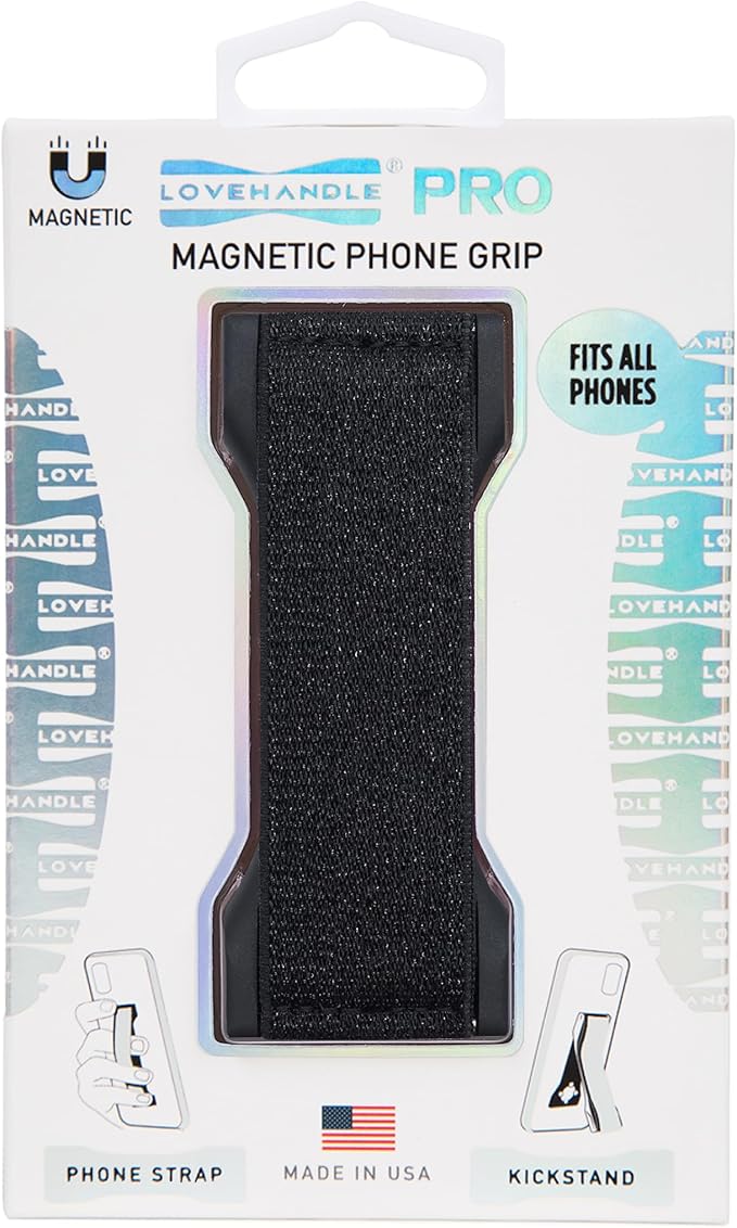 LOVEHANDLE PRO Premium Phone Grip - Elastic Phone Strap - Magnetic Phone Mount and Kickstand for Smartphone and Tablet - Black Glitter