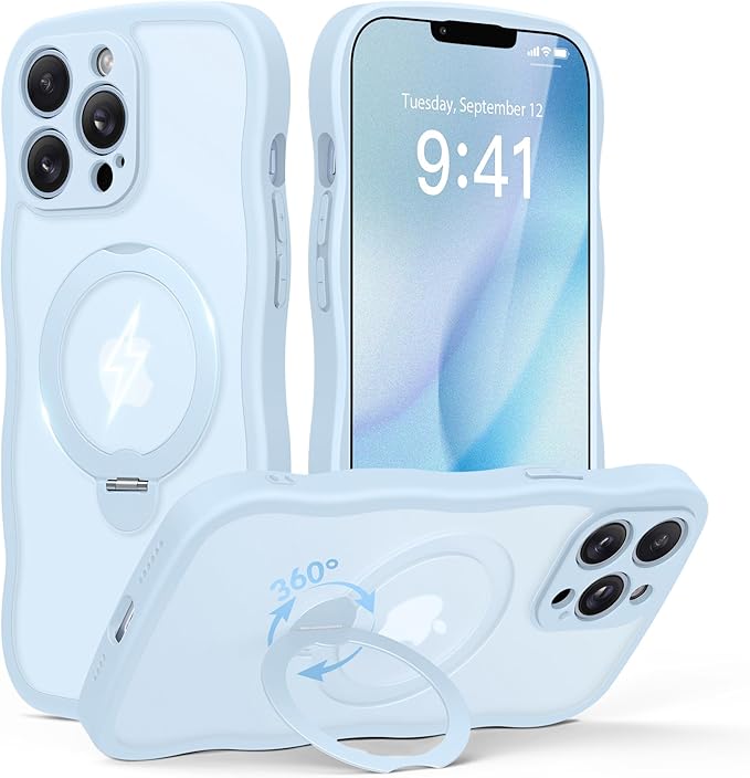 GolbinBox for iPhone 13 Pro Case for Women,[Compatible with Magsafe][360° Spin Magnetic Stand][Cute Wave Edge][Military-Grade Protection] Translucent Matte Phone Case for iPhone 13 Pro, Baby Blue