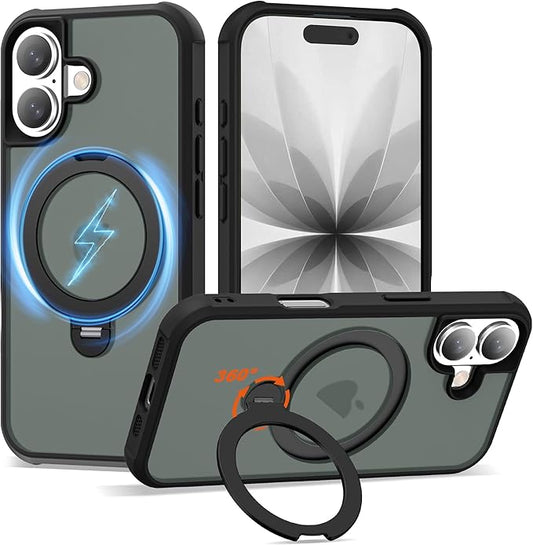 Compatible with iPhone 17 Case with Invisible Magnetic 360°Spin Stand,Military-Grade Shockproof Protection [Compatible with Mag-Safe] Non-Slip Edge Translucent Case (6.3",Black)