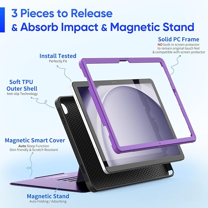 SEYMAC stock Case for Samsung Galaxy Tab A9+ Plus 11'', Auto Sleep/Wake Case with Magnetic Multi-Angles Stand, Card Slot for Galaxy Tab A9+/ A9 Plus 11'' SM-X210/X216/X218, (Purple)