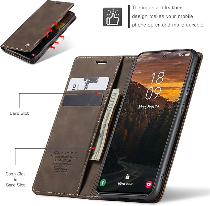 QLTYPRI Case for Samsung Galaxy S24, Vintage PU Leather Wallet Case Card Slot Kickstand Magnetic Closure Shockproof Flip Folio Case Cover for Samsung Galaxy S24 - Coffee Brown