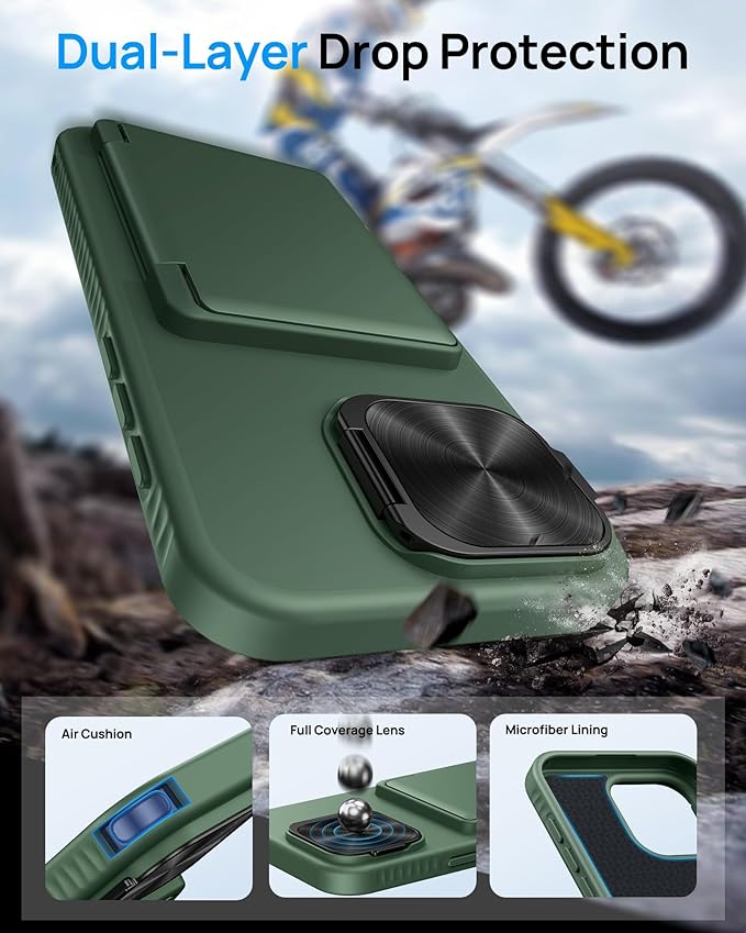 for iPhone 16 Pro Case with Card Holder & Camera Cover & Adjustable Kickstand, Military Grade Drop Tested Soft Silicone Edge Rugged Protective Wallet Phone Case for iPhone 16 Pro, Green