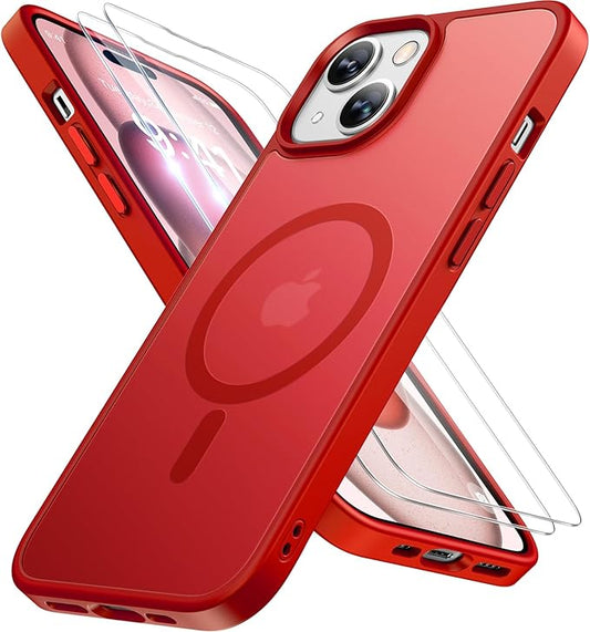 Miracase Magnetic for iPhone 15 Case (Compatible with MagSafe)（with 2X Screen Protectors） Military-Grade Protection, Anti-Fingerprint Translucent Matte Phone Cover for iPhone 15 6.1 inch, Red