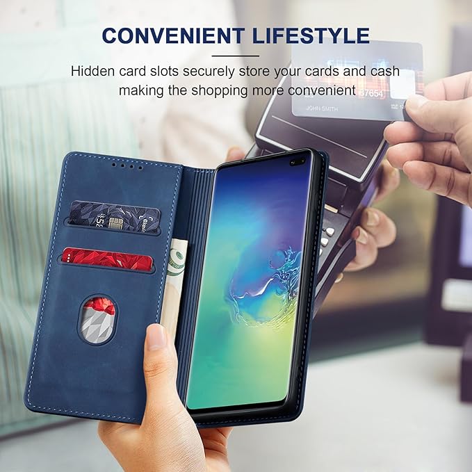 Jasonyu Flip Wallet Case for Samsung Galaxy S10 Plus,Leather Magnetic Folio Cover with Card Holder,Kickstand - TPU Shockproof Durable Protective Phone Case,Blue
