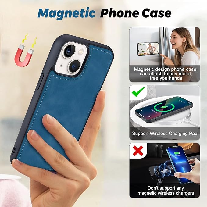 TwoHead Wallet Case Compatible with iPhone 15 Plus,Detachable Magnetic Phone Case,All-Round Shockproof Protective Leather Phone Case with Card Holder,6.7 in,Navy Blue