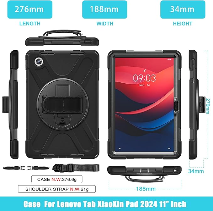 TSQQST Case for Lenovo Tab M11 (TB330FU/TB330XU) with Rotating Stand+Hand Strap | Military Grade Heavy Duty Rugged Protective Case for Tab K11 LTE 2024/ Lenovo Xiaoxin Pad 2024 (TB331FC) | Black