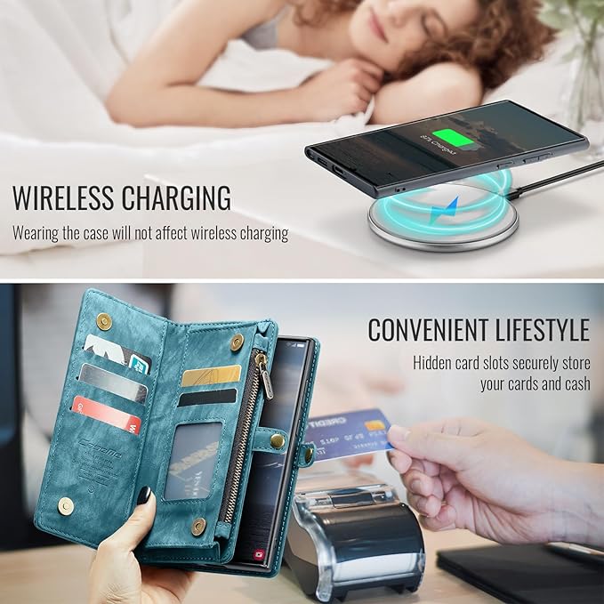 SZHAIYU 2 in 1 Detachable for Samsung Galaxy S25 Ultra Wallet Case with Card Holder, Retro Premium Flip Leather Cover Magnetic Zipper Pocket Phone Cases 6.8'' (Blue, S25 Ultra)