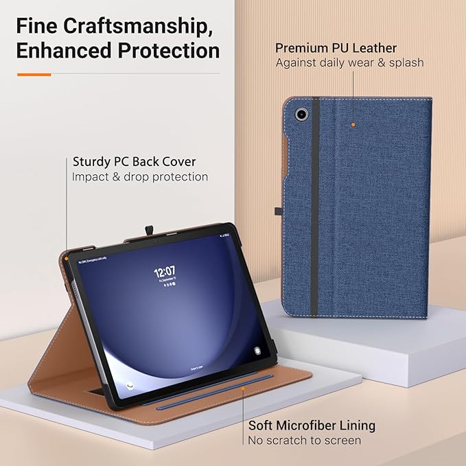 MoKo Case for Samsung Galaxy Tab A9 Plus 11" 2023 (SM-X210/SM-X216/SM-X218), PU Leather Multi-Angle Viewing Folding Stand Cover Case with Hand Strap, Front Pocket, Auto Wake/Sleep, Denim Blue & Brown