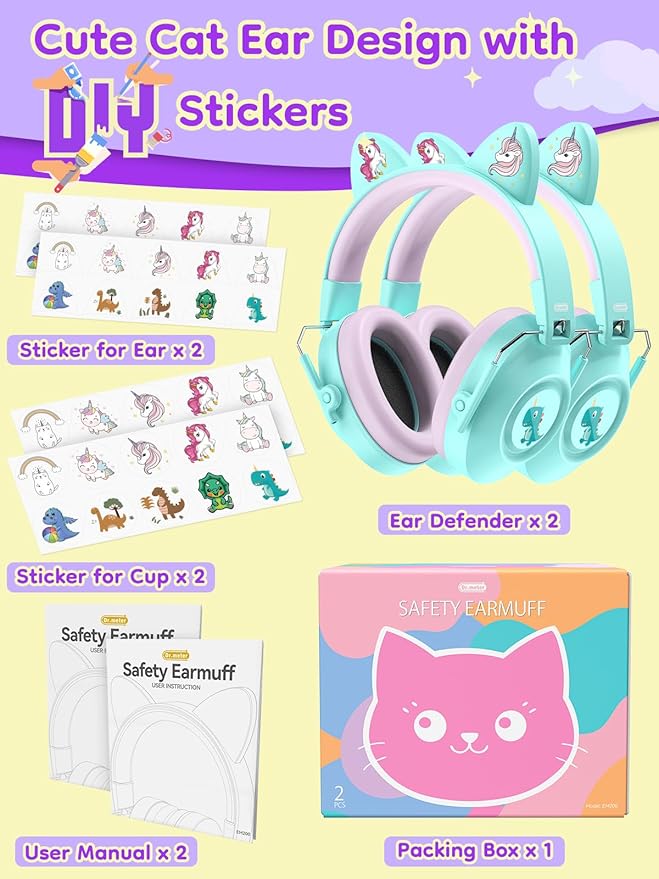 Dr.meter Noise Cancelling Headphones for Kids, SNR 32dB Noise Reduction Safety Ear Muffs for Autism Sensory, Hearing Protection for Monster Jam, Airplane, Firework Show with DIY Stickers -2Pack