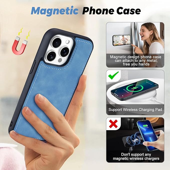 TwoHead Wallet Case Compatible with iPhone 15 Pro,Detachable Magnetic Phone Case,All-Round Protective Leather Phone Case with Card Holder,6.1 in,Sky Blue
