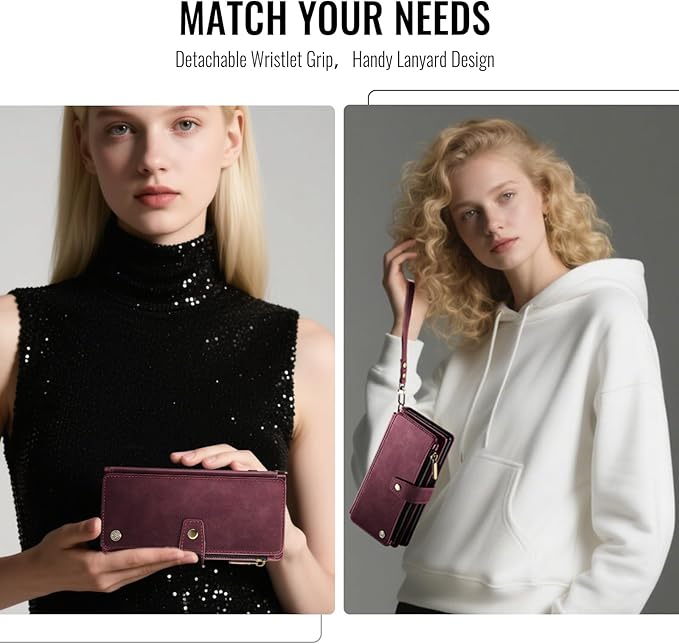 Vinich for Samsung Galaxy Z Fold 7 Wallet Case with Card Holder, Detachable Strap RFID Blocking Credit Slots Kickstand Shockproof Phone Cover for Women Men, Burgundy