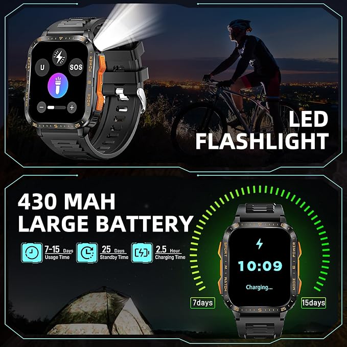 Military Smart Watches for Men (Make/Answer Call) with LED Flashlight 1.96" Screen 430mAh Fitness Tracker with Sport Modes Heart Rate Sleep Monitor Rugged Smartwatch for iPhone Android
