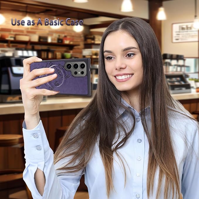 Lacass for Samsung Galaxy S24 Ultra Case Wallet,Compatible with MagSafe 2 in 1 Magnetic Detachable PU Leather RFID Blocking Wallet Cover Card Holder Zipper Wrist Strap Lanyard,Floral Purple