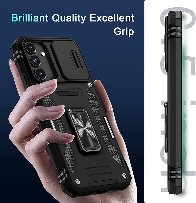 DEERLAMN Case for Samsung Galaxy S25 FE 6.7-Inch with Slide Camera Cover+Screen Protector(1 Pack), Rotated Ring Kickstand Military Grade Shockproof Protective Cover-Black