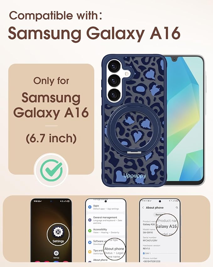 for Samsung Galaxy A16 4G/5G Case with 360° Rotatable Magnetic Ring - Semi-Transparent Anti-Fingerprint Soft-Touch Material Shockproof, Cute Blue Cheetah Print Design for Women Girl