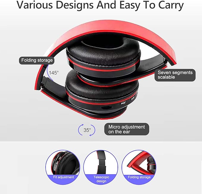 Bluetooth Over Ear Headphones, Colorful LED Lights Deep Bass Headphones with Microphone, Lightweight Wired and Wireless Foldable HiFi Stereo Headphones for Classroom/Home Office/Mobile Phone (Red)