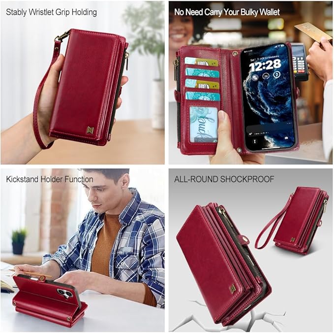 for iPhone 17 Wallet Phone Case with 7 Card Holder,RFID Blocking | PU Leather | Kickstand | Flip | Wrist Strap&Shoulder Strap | Shockproof | Zipper Wallet | Women Men | 6.3" | Red