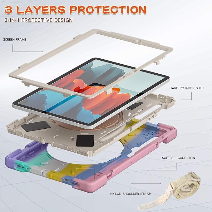 Samsung Galaxy Tab S8 11" / S7 11" 360 Rotation Case with S Pen Holder, Rugged Rotating Stand, Hand & Shoulder Strap, Outdoor Cover (Colourful Pink)