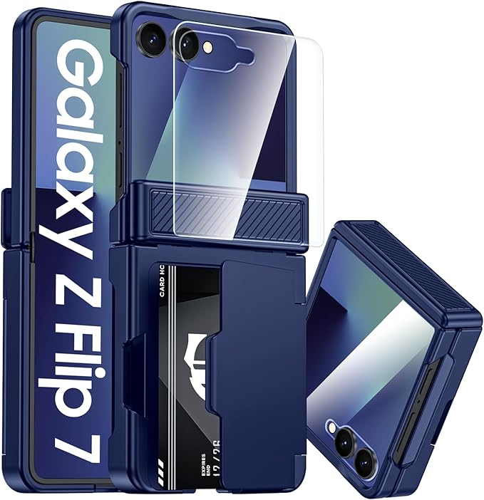 CENMASO for Samsung Galaxy Z Flip 7 Case with Card Holder [RFID Blocking] & Hinge Protection & HD Screen Protector, Rugged Anti-Scratch Full-Body Shockproof Phone Case for Z Flip 7-Blue