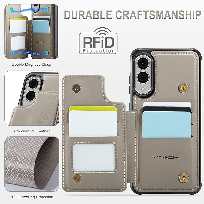 Vinich for Samsung Galaxy S25 Edge Wallet Case with Card Holder, RFID Blocking Credit Slots Kickstand Shockproof Phone Cover for Women Men, Gray