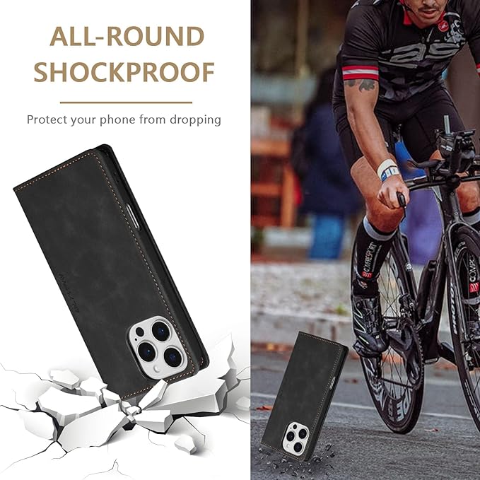 QLTYPRI for iPhone 16 Pro Max Case Wallet with Card Holder, Vintage PU Leather Kickstand Magnetic Closure Shockproof Folio Book Cover Case for iPhone 16 Pro Max - Retro Black