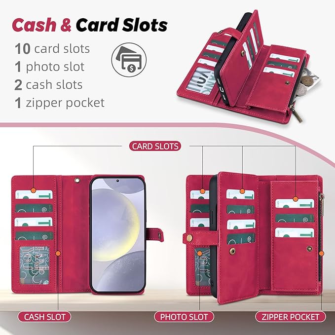 TwoHead for Samsung Galaxy S24 Plus Wallet Case with Card Holder,Detachable Magnetic Phone Case for Galaxy S24 Plus,PU Leather All-Round Protective Phone Cover Wallet with Strap(6.6 in,Wine Red)