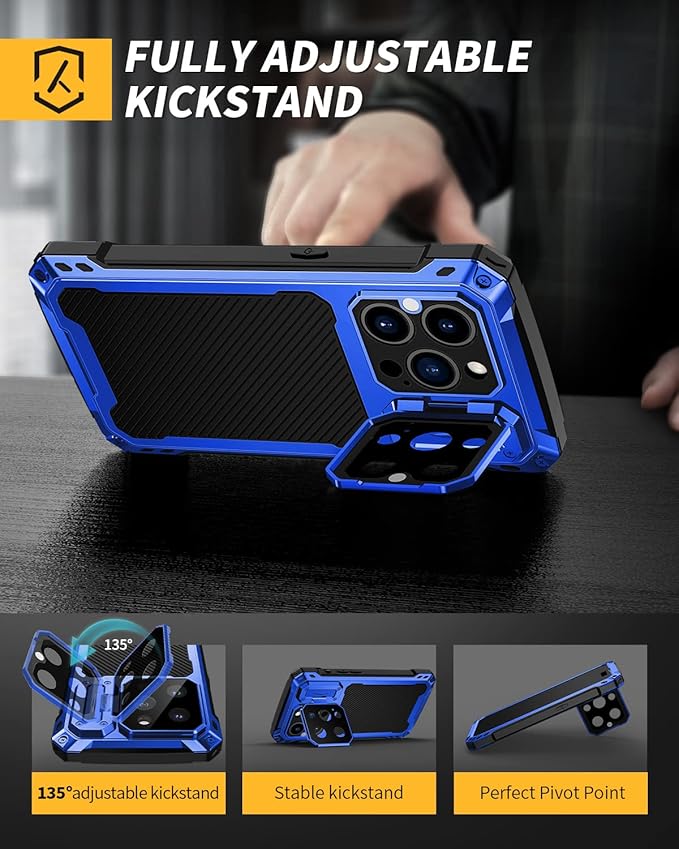 Lanhiem Magnetic for iPhone 14 Pro Metal Case, [Built-in Camera Kickstand & Glass Screen Protector] Heavy Duty Full Body Rugged Protective Military Magsafe Cover for iPhone 14 Pro 6.1" (Blue)