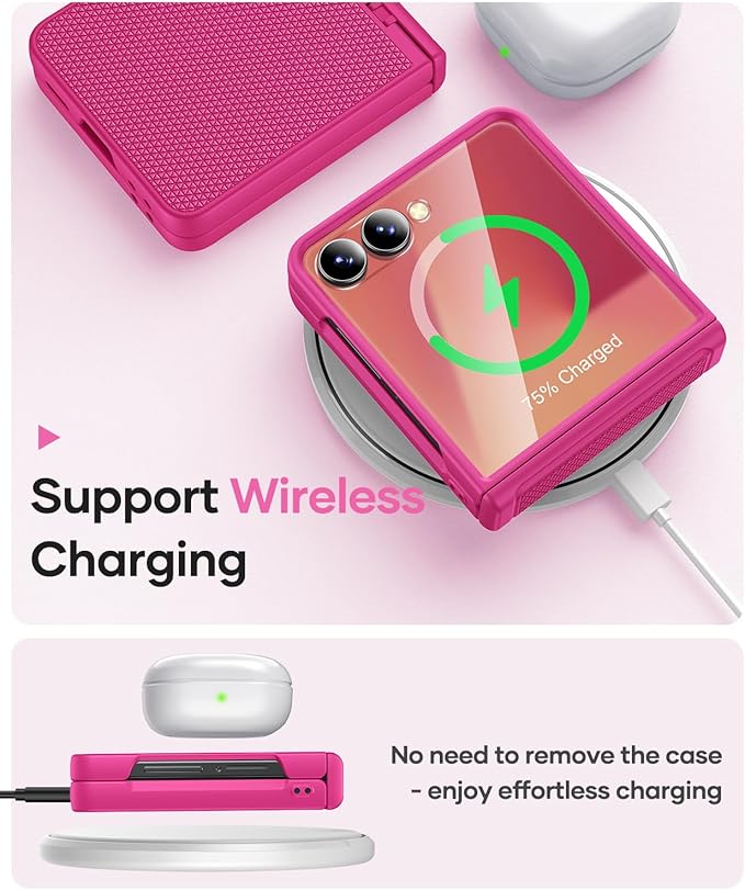 Vihibii for Samsung Galaxy Z Flip 7 Case Slim with Hinge Protection & Outer Screen Protector & Non-Slip Texture, Compatible with Wireless Charging, Shockproof Case for Galaxy Z Flip 7 2025, Hot Pink
