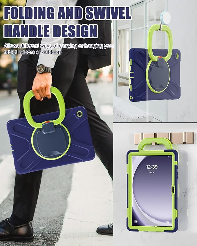 BRAECN Case for Samsung Galaxy Tab A9+ Plus 11” 2023 SM-X210/X216/X218, Heavy Duty Rugged Silicone Cover with Screen Protector, 360 Degree Rotating Stand, Stable Kickstand, Shoulder Strap, Navy Green